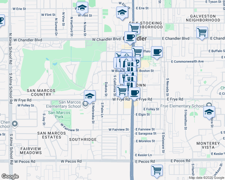 map of restaurants, bars, coffee shops, grocery stores, and more near 230 South California Street in Chandler