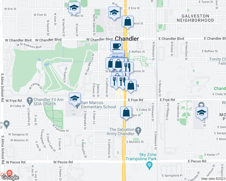 map of restaurants, bars, coffee shops, grocery stores, and more near 230 S Oregon St in Chandler