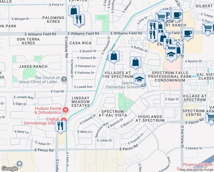 map of restaurants, bars, coffee shops, grocery stores, and more near 1094 East Lowell Avenue in Gilbert