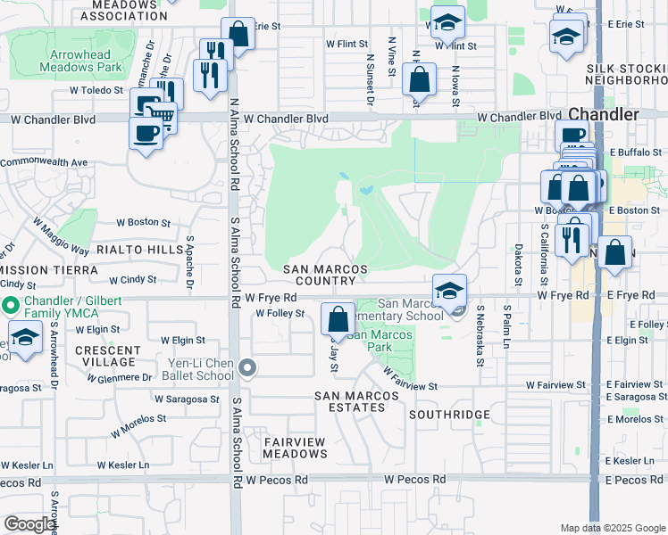 map of restaurants, bars, coffee shops, grocery stores, and more near 815 West Fairway Drive in Chandler