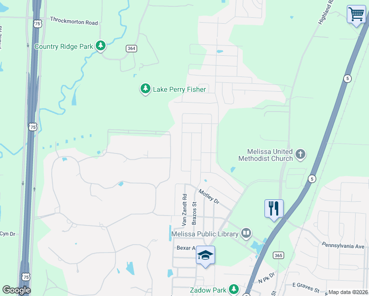 map of restaurants, bars, coffee shops, grocery stores, and more near 3813 Bastrop Street in Melissa