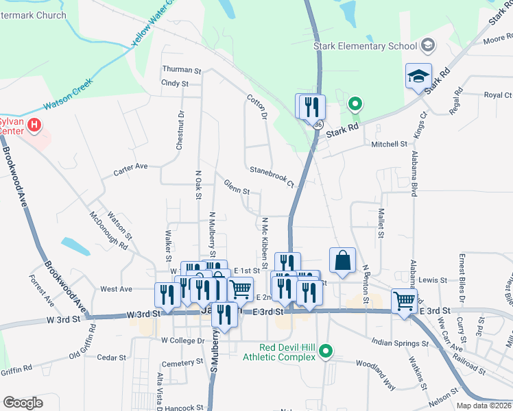map of restaurants, bars, coffee shops, grocery stores, and more near 439 McKibben Street in Jackson