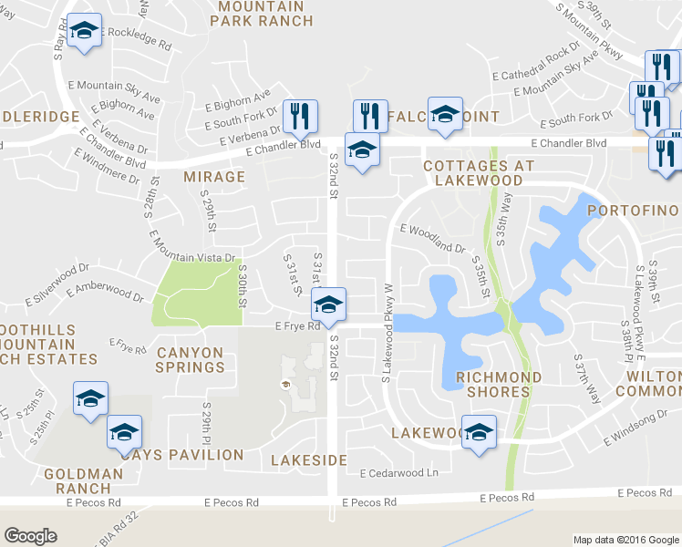 map of restaurants, bars, coffee shops, grocery stores, and more near 16026 South 32nd Place in Phoenix