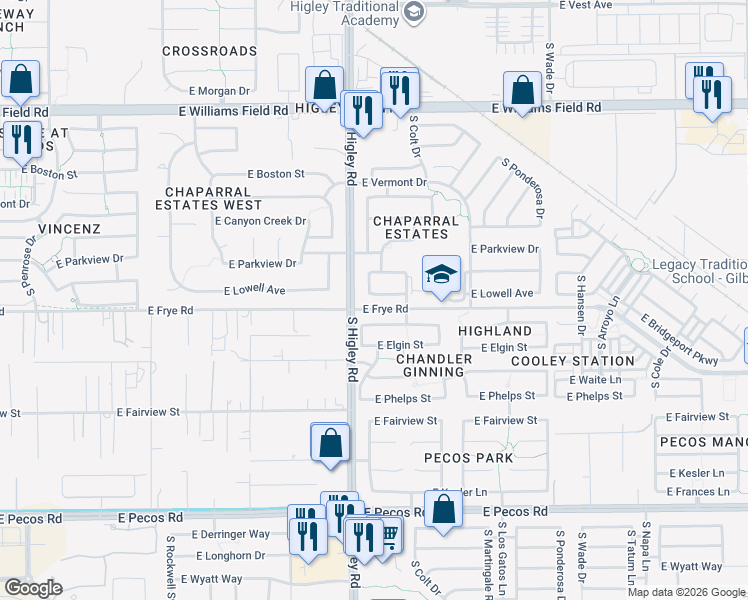 map of restaurants, bars, coffee shops, grocery stores, and more near 3261 East Lowell Avenue in Gilbert