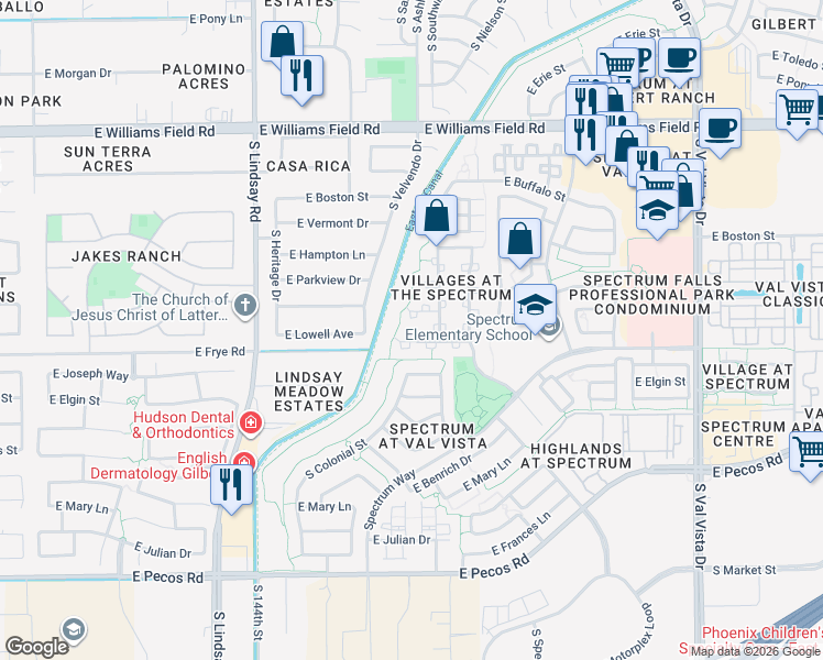 map of restaurants, bars, coffee shops, grocery stores, and more near 1094 East Lowell Avenue in Gilbert