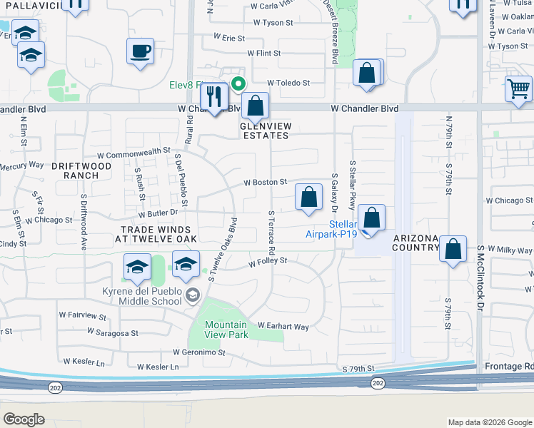 map of restaurants, bars, coffee shops, grocery stores, and more near 134 South Terrace Road in Chandler