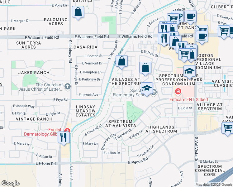 map of restaurants, bars, coffee shops, grocery stores, and more near 1094 East Lowell Avenue in Gilbert