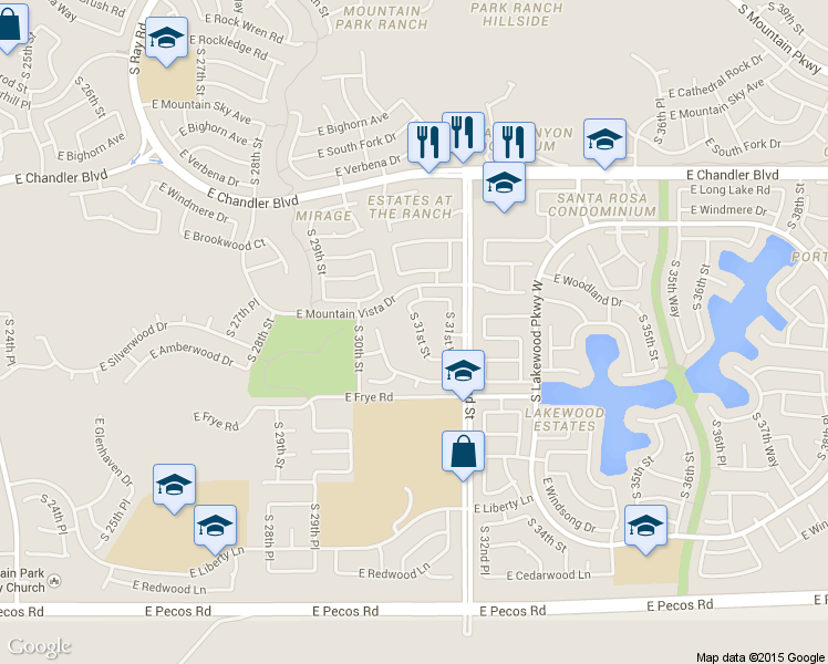 map of restaurants, bars, coffee shops, grocery stores, and more near 16050 S 31st St in Phoenix