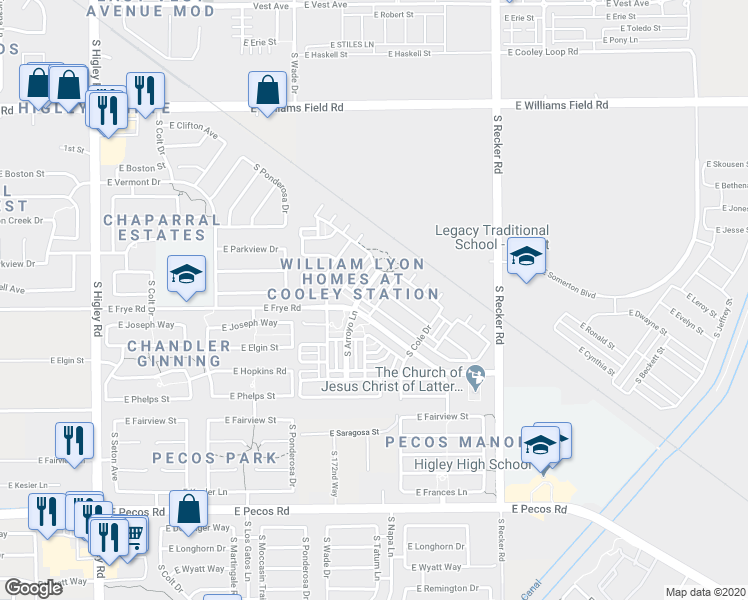 map of restaurants, bars, coffee shops, grocery stores, and more near 2794 South Anderson Lane in Gilbert