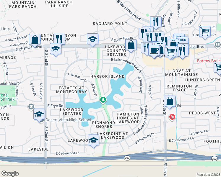map of restaurants, bars, coffee shops, grocery stores, and more near 16211 South 36th Street in Phoenix