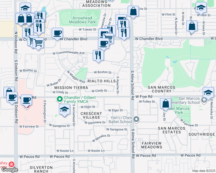 map of restaurants, bars, coffee shops, grocery stores, and more near 1191 West Chicago Street in Chandler