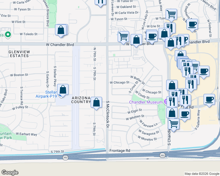 map of restaurants, bars, coffee shops, grocery stores, and more near 230 South Laveen Drive in Chandler