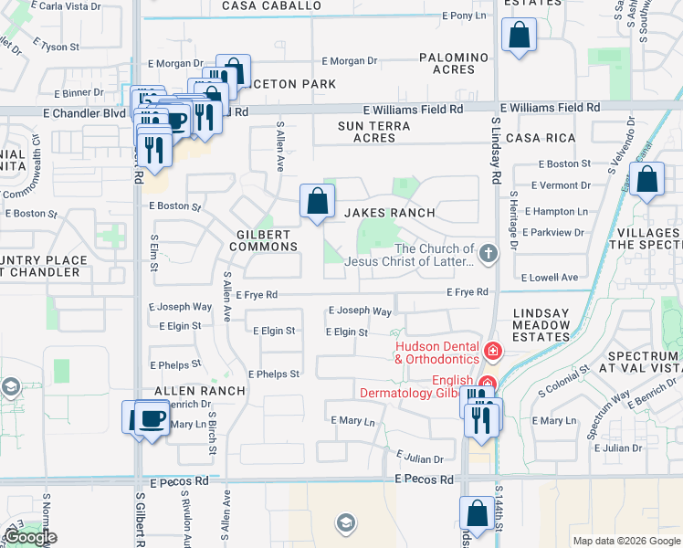 map of restaurants, bars, coffee shops, grocery stores, and more near 452 East Bridgeport Parkway in Gilbert
