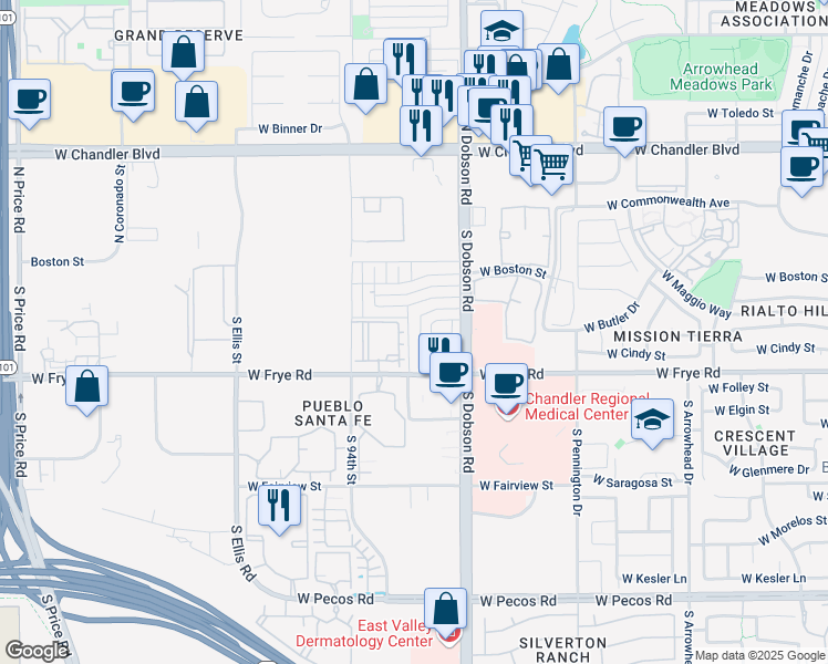 map of restaurants, bars, coffee shops, grocery stores, and more near 233 South 95th Street in Chandler
