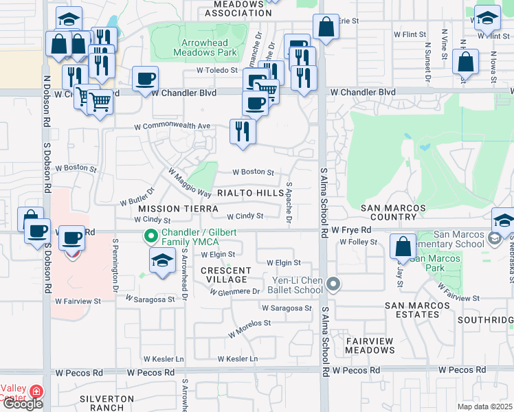 map of restaurants, bars, coffee shops, grocery stores, and more near 1191 West Chicago Street in Chandler