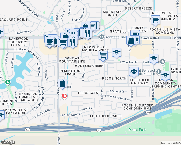 map of restaurants, bars, coffee shops, grocery stores, and more near 4217 East Silverwood Drive in Phoenix