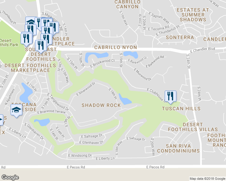 map of restaurants, bars, coffee shops, grocery stores, and more near 16059 South 18th Place in Phoenix