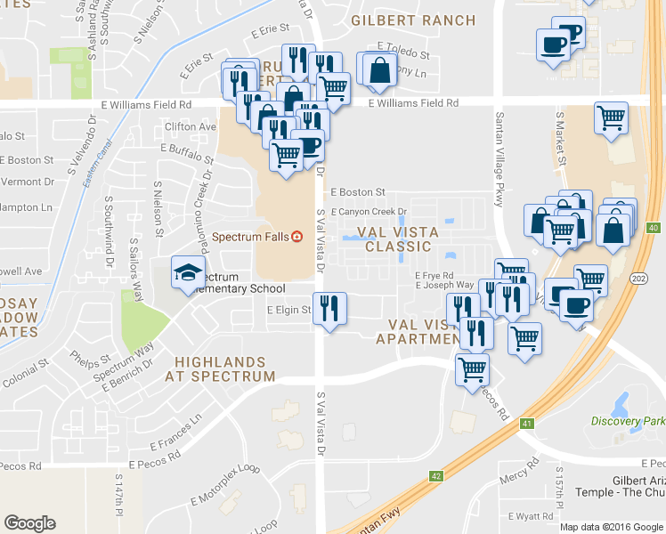 map of restaurants, bars, coffee shops, grocery stores, and more near 1635 East Lowell Avenue in Gilbert