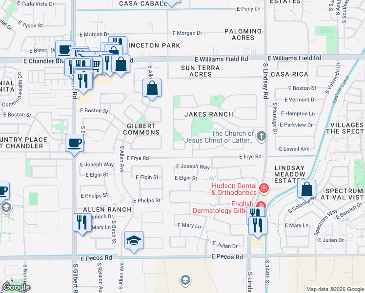 map of restaurants, bars, coffee shops, grocery stores, and more near 452 East Bridgeport Parkway in Gilbert