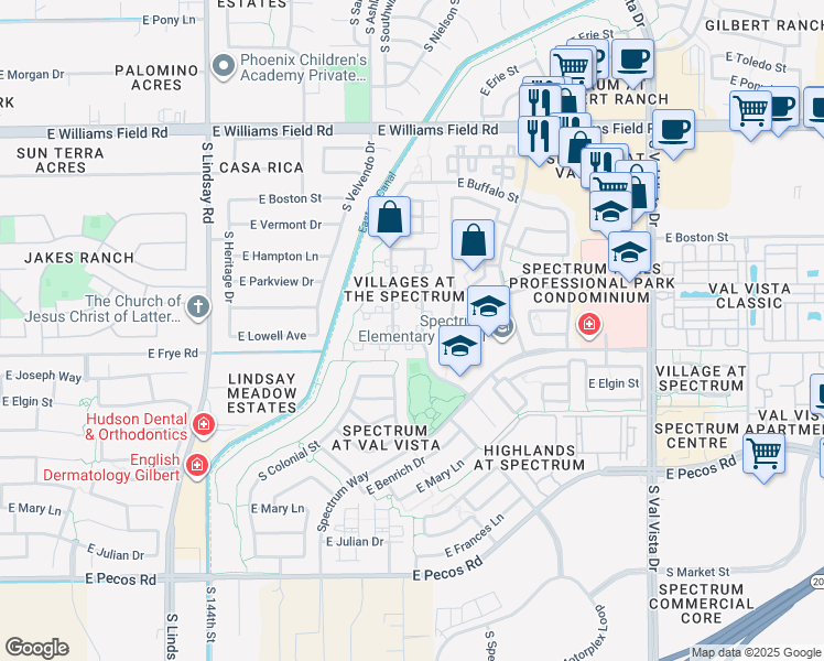 map of restaurants, bars, coffee shops, grocery stores, and more near 2762 South Sailors Way in Gilbert