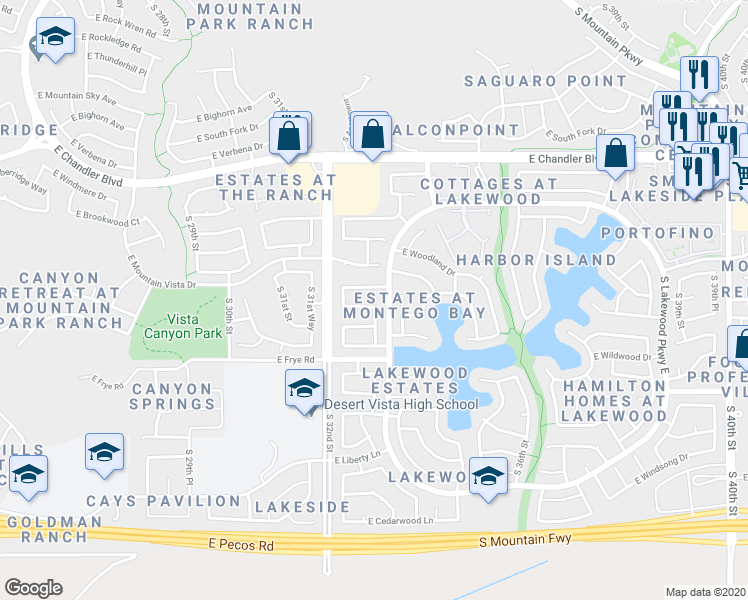 map of restaurants, bars, coffee shops, grocery stores, and more near 3248 East Silverwood Drive in Phoenix