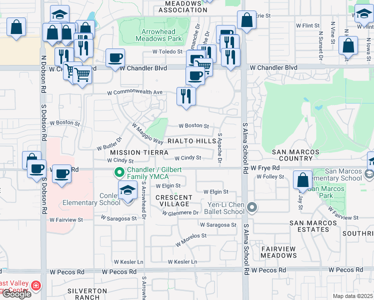 map of restaurants, bars, coffee shops, grocery stores, and more near 1261 West Chicago Street in Chandler