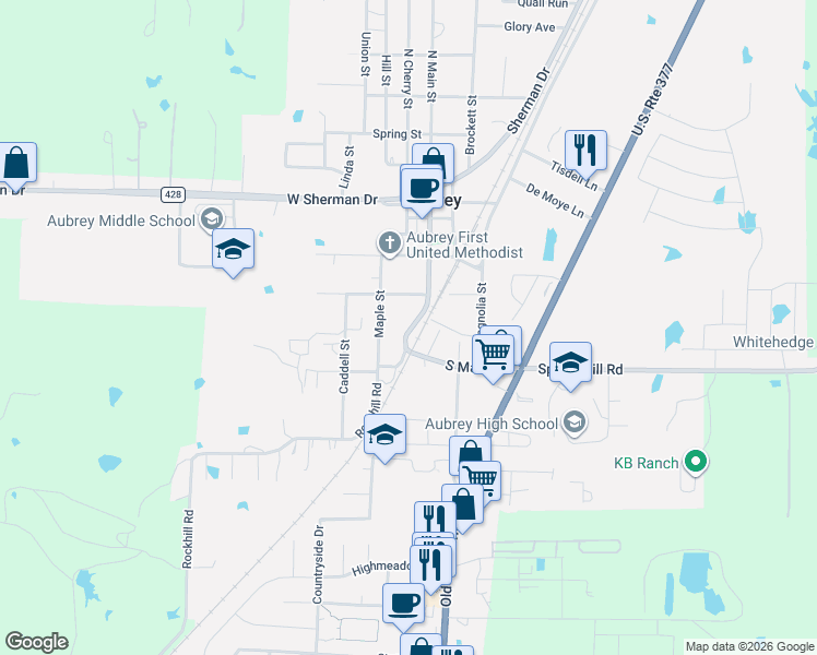 map of restaurants, bars, coffee shops, grocery stores, and more near 502B South Main Street in Aubrey