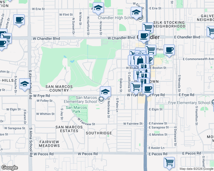 map of restaurants, bars, coffee shops, grocery stores, and more near 410 West Half Moon Way in Chandler