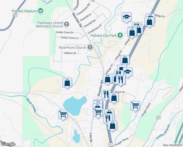 map of restaurants, bars, coffee shops, grocery stores, and more near 106 Chase Creek Terrace in Pelham