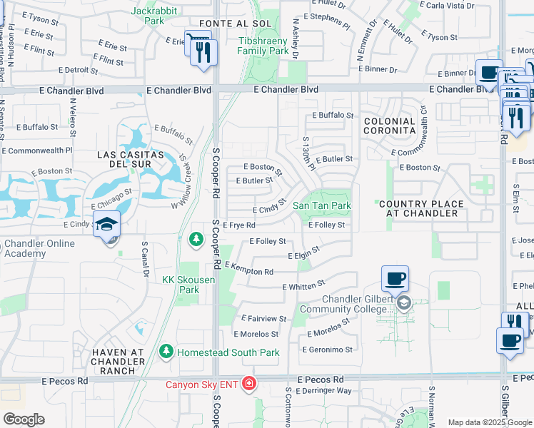 map of restaurants, bars, coffee shops, grocery stores, and more near 2113 E Cindy St in Chandler