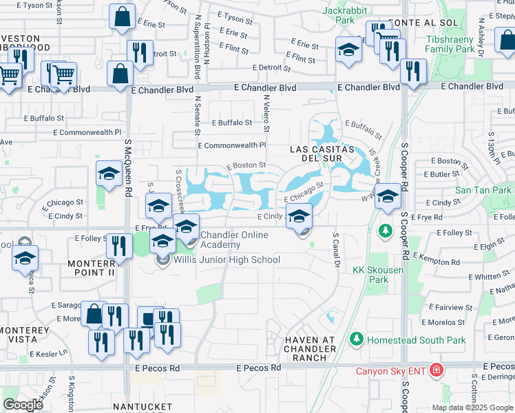 map of restaurants, bars, coffee shops, grocery stores, and more near 1433 East Chicago Circle in Chandler