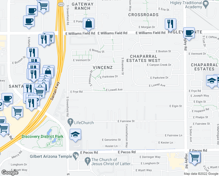 map of restaurants, bars, coffee shops, grocery stores, and more near 2684 E Lowell Ave in Gilbert