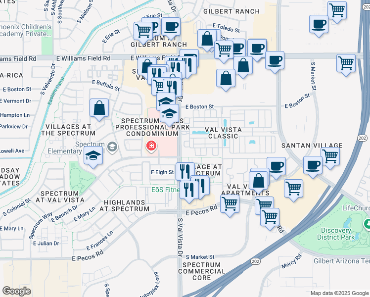 map of restaurants, bars, coffee shops, grocery stores, and more near 1625 East Lowell Avenue in Gilbert