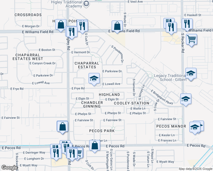 map of restaurants, bars, coffee shops, grocery stores, and more near 3459 East Lowell Avenue in Gilbert