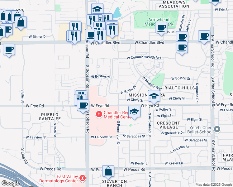 map of restaurants, bars, coffee shops, grocery stores, and more near 1779 West Butler Drive in Chandler