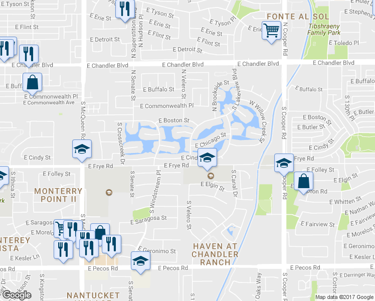 map of restaurants, bars, coffee shops, grocery stores, and more near 1433 East Chicago Circle in Chandler