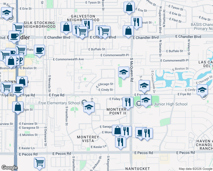 map of restaurants, bars, coffee shops, grocery stores, and more near 831 East Chicago Street in Chandler
