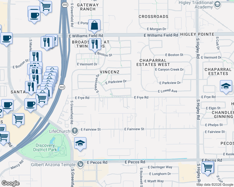 map of restaurants, bars, coffee shops, grocery stores, and more near 2684 East Lowell Avenue in Gilbert