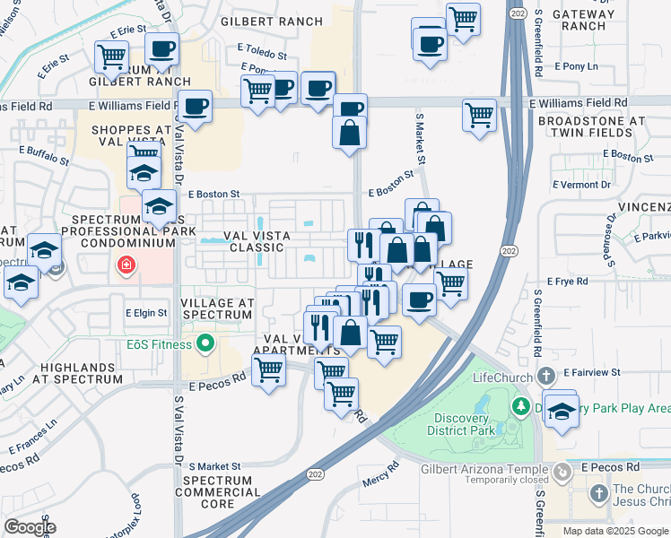 map of restaurants, bars, coffee shops, grocery stores, and more near 2781 South Equestrian Drive in Gilbert