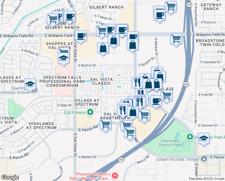 map of restaurants, bars, coffee shops, grocery stores, and more near 2772 South Catherine Drive in Gilbert