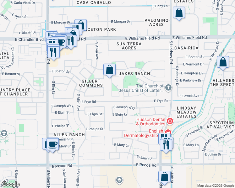 map of restaurants, bars, coffee shops, grocery stores, and more near 452 East Bridgeport Parkway in Gilbert