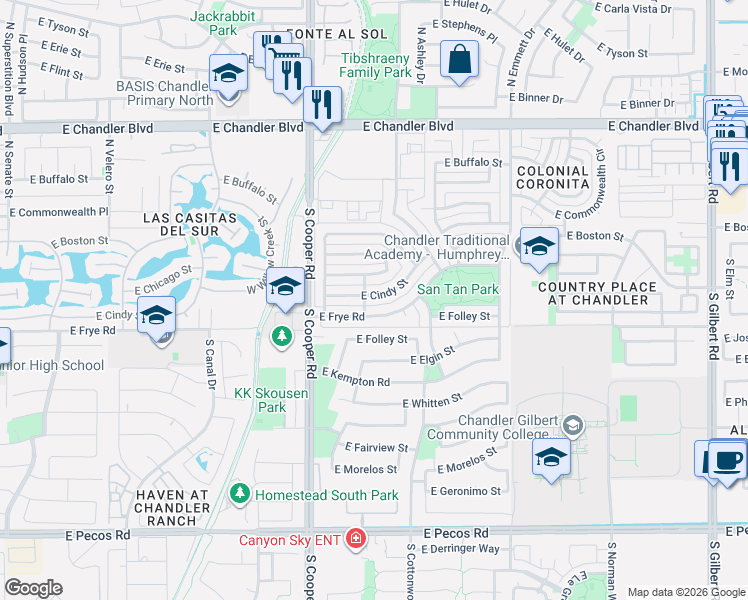 map of restaurants, bars, coffee shops, grocery stores, and more near 2113 East Cindy Street in Chandler