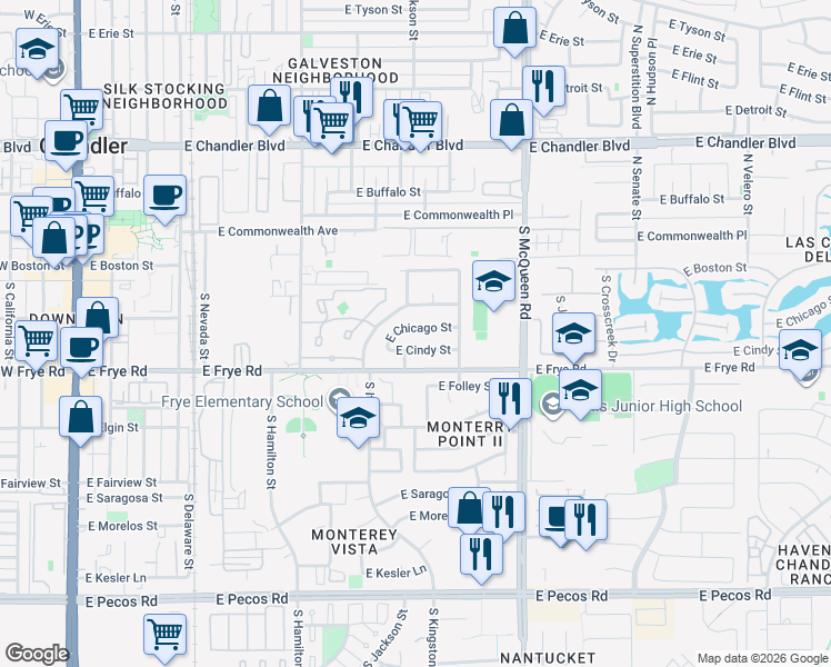 map of restaurants, bars, coffee shops, grocery stores, and more near 831 East Chicago Street in Chandler