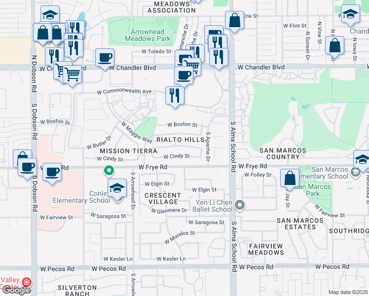 map of restaurants, bars, coffee shops, grocery stores, and more near 1191 West Chicago Street in Chandler