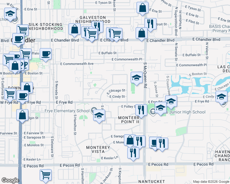map of restaurants, bars, coffee shops, grocery stores, and more near 831 East Chicago Street in Chandler