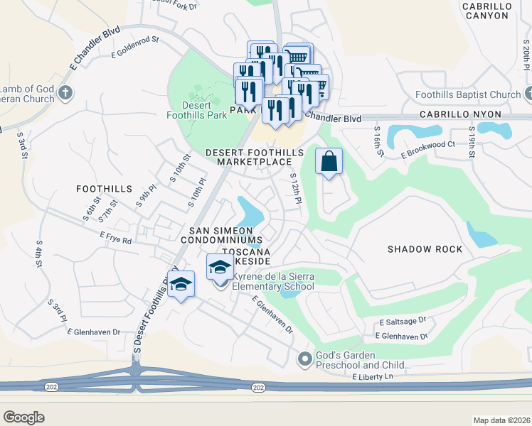 map of restaurants, bars, coffee shops, grocery stores, and more near 16070 South 11th Place in Phoenix