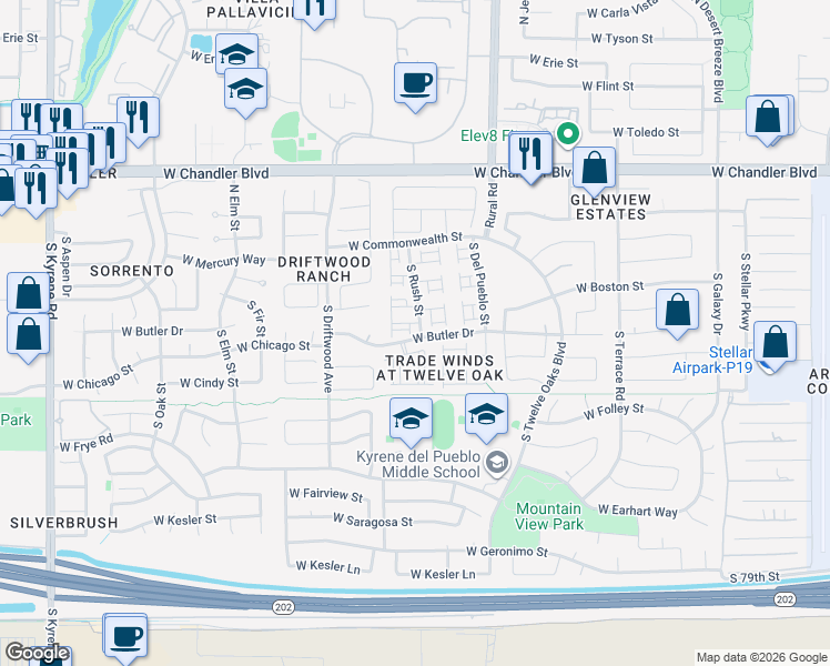 map of restaurants, bars, coffee shops, grocery stores, and more near 5253 West Jupiter Way in Chandler