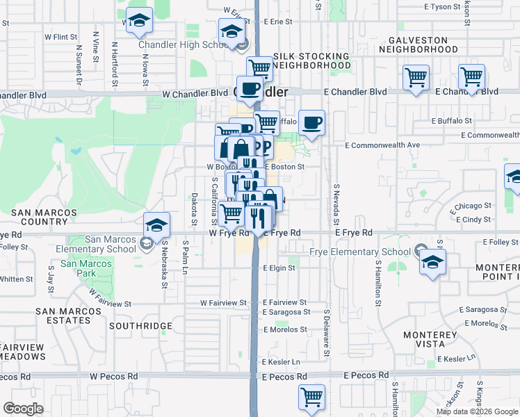map of restaurants, bars, coffee shops, grocery stores, and more near 235 South Arizona Avenue in Chandler