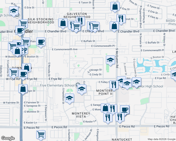 map of restaurants, bars, coffee shops, grocery stores, and more near 752 East Chicago Street in Chandler