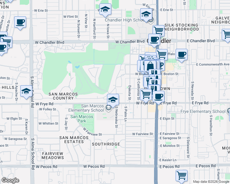 map of restaurants, bars, coffee shops, grocery stores, and more near 410 West Half Moon Way in Chandler
